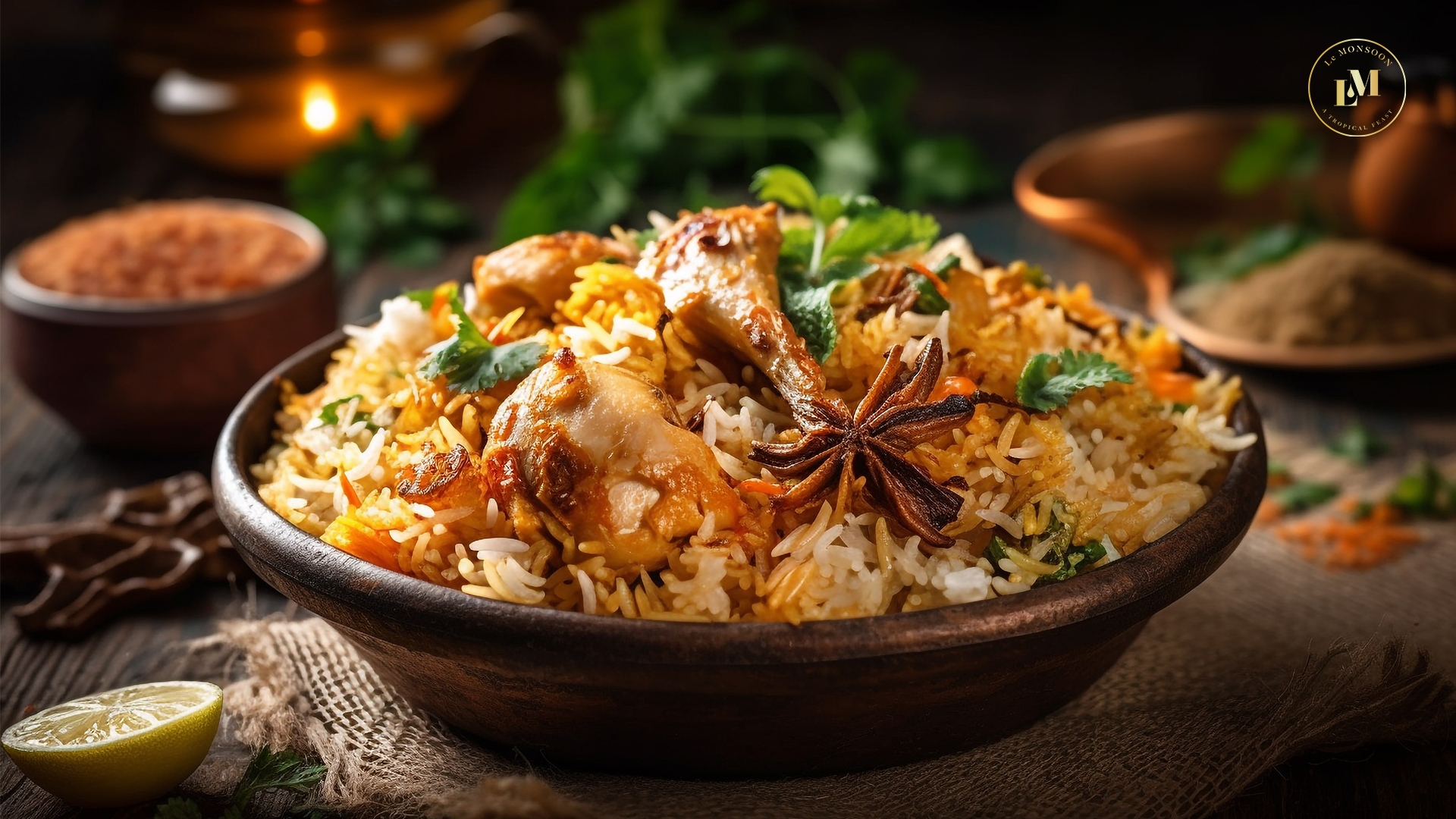 Bowl of fragrant chicken biryani served with fluffy rice, fresh herbs and whole spices on a rustic dining table.