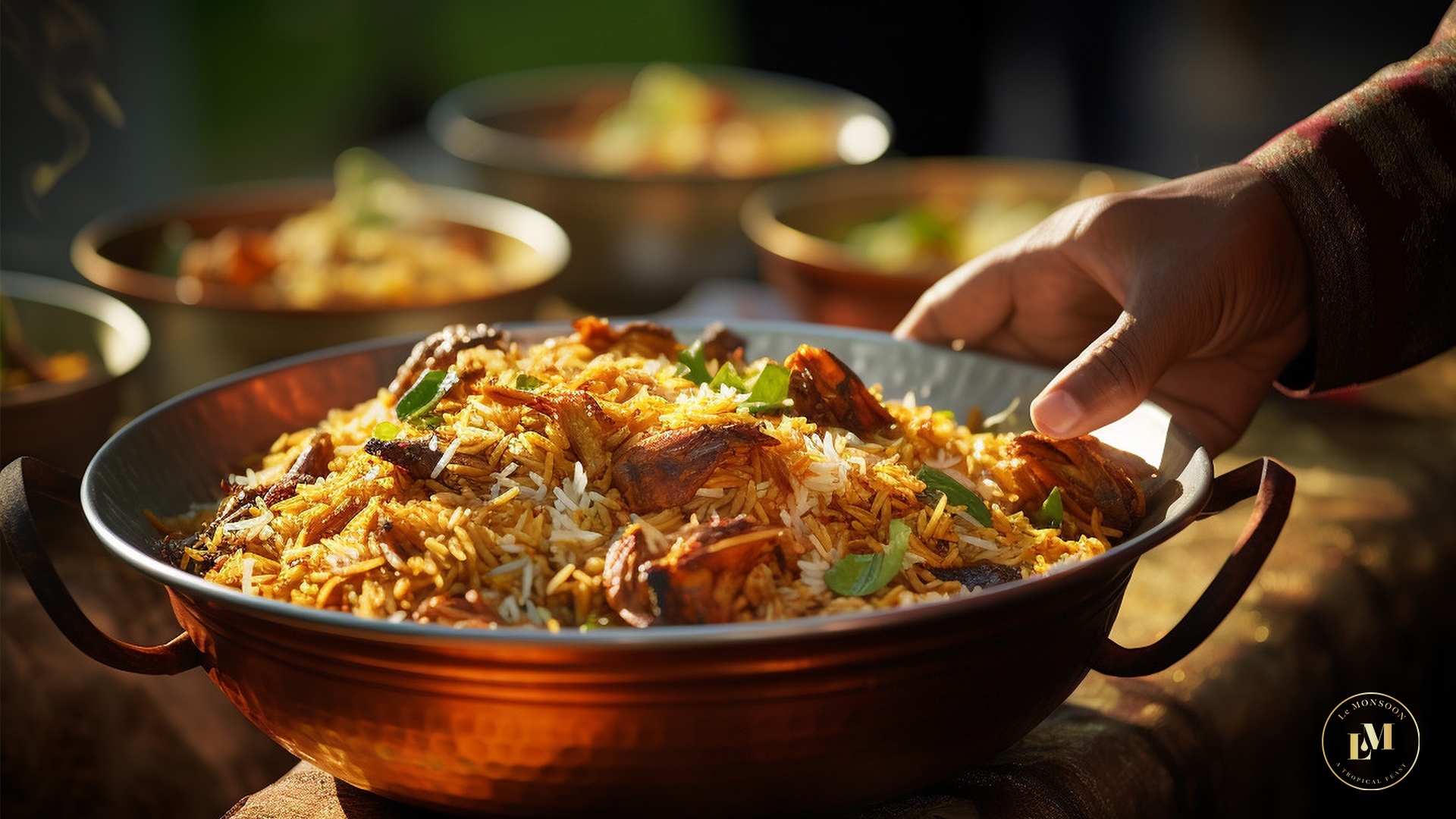 A hearty spread of sizzling chicken biryani layered with aromatic basmati rice and bold spices, captured in a warm rustic setting.