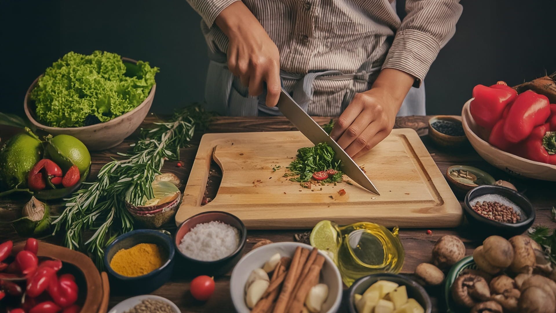 Chef chopping herbs on a wooden board surrounded by colourful vegetables, spices and herbs.