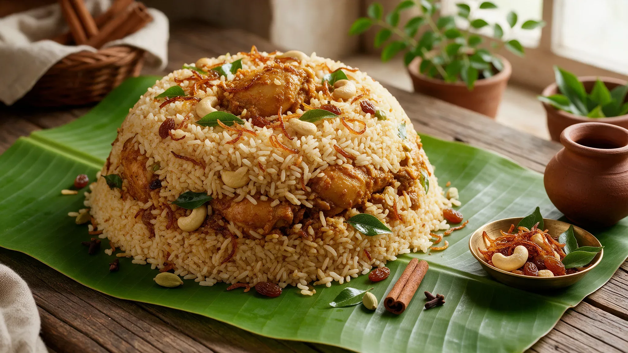 Kerala biryani made with aromatic spices, fried onions, cashews and raisins
